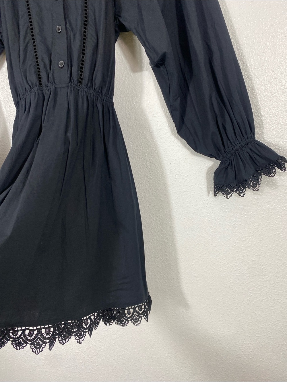 Girls' Black Long-Sleeve Lace-Trim Smocked Waist Dress Size12 100%Organic cotton - Picture 5 of 16